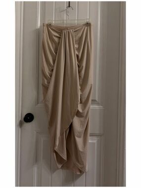 Draped Asymmetrical Beige Women's Skirt - Elegant Gathered Front